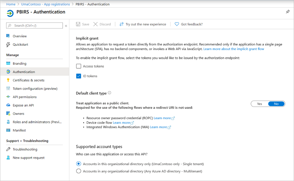 Screenshot shows the P B I R S Authentication pane with the settings as described.