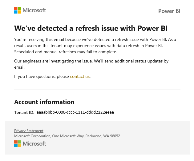 Capture d’écran d’un e-mail informant le destinataire d’un problème d’actualisation avec Power BI.