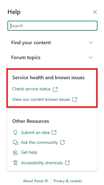 Capture d’écran des liens vers l’état du service et les problèmes connus dans le volet d’aide.