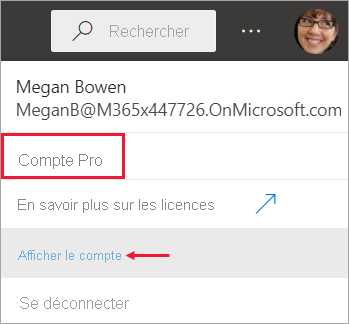 Capture d’écran affichant le type de licence affiché avec le profil de compte.