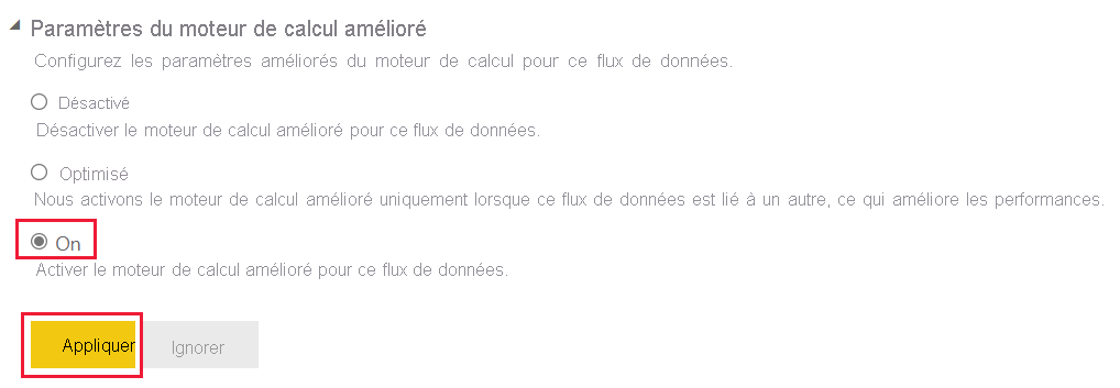 Capture d’écran des paramètres du moteur de calcul amélioré avec la sélection activée et le bouton Appliquer mis en évidence.