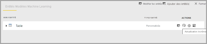 Capture d’écran de la table dans un flux de données Power BI avec l’icône Actualisation incrémentielle mise en évidence.