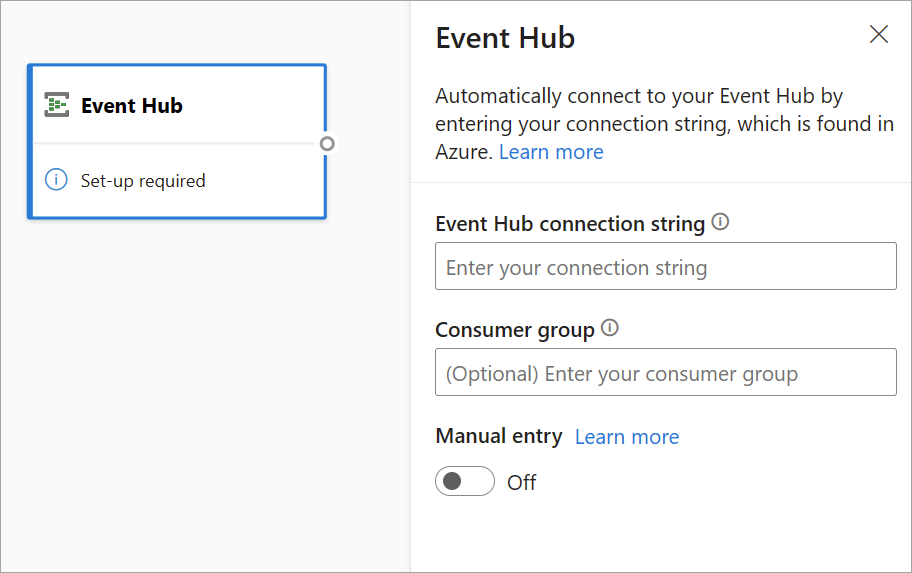 Capture d’écran de la carte Event Hub et du volet de configuration dans la vue de diagramme.