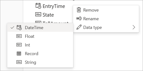 Capture d’écran montrant les options de suppression, de renommage et de type de données pour les données d’entrée.