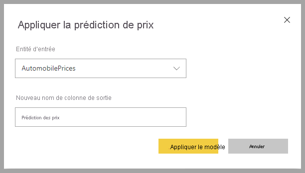 Capture d’écran de la boîte de dialogue Appliquer la prédiction de prix.