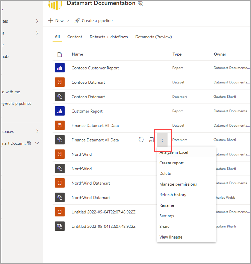 Capture d’écran de la sélection du menu contextuel d’un datamart dans l’espace de travail.