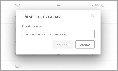Capture d’écran du renommage d’un datamart à partir de l’espace de travail.