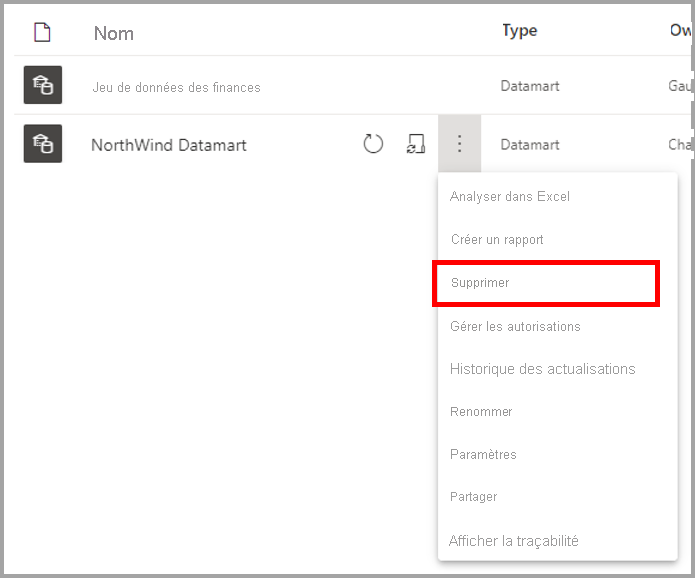 Capture d’écran de la suppression d’un datamart de l’espace de travail.