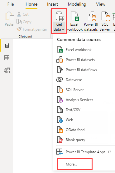 Screenshot of the Common data sources dropdown after selecting the Get data button on the ribbon.