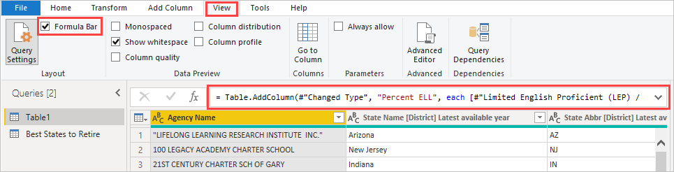 Screenshot of Power Query Editor highlighting the Formula Bar checkbox on the View tab.