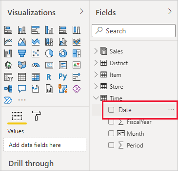 Capture d’écran de Power BI Desktop montrant le filtre Date dans le volet Champs.