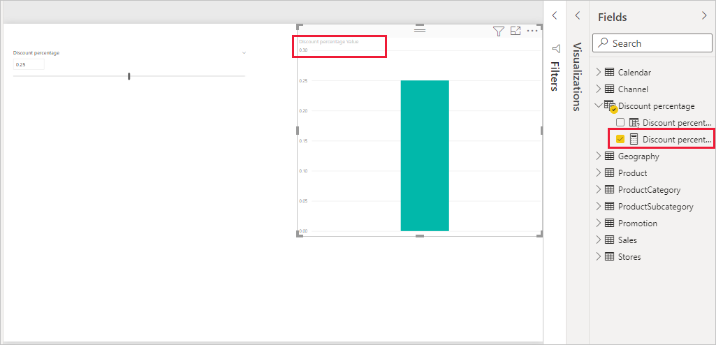 Capture d’écran de la mesure de paramètre et du visuel mis en évidence dans Power BI Desktop.