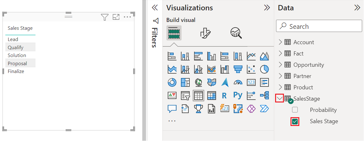 Screenshot that shows how to select the Sales Stage field on the Data pane in Power BI Desktop.