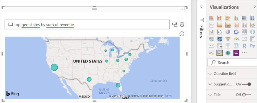 Screenshot that shows the Q&A visual map created by Power BI to display the data.