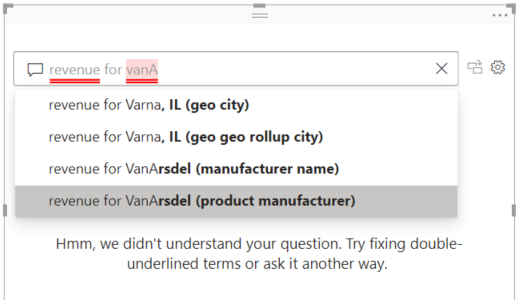 Screenshot of the Q&A question field with unrecognized words underlined in red and suggested questions from Power BI.