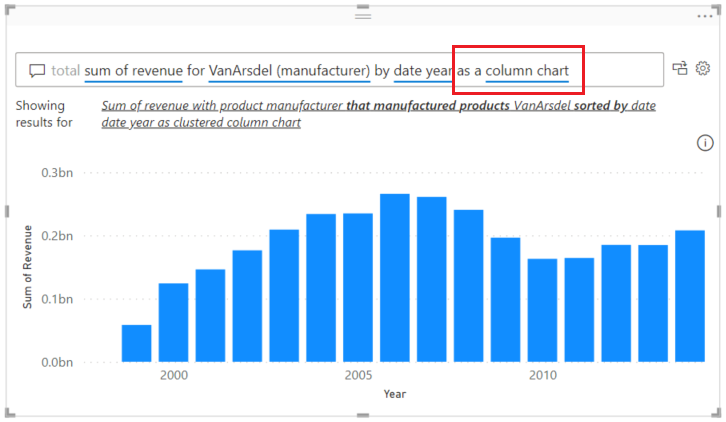 Screenshot that shows how to convert the Q&A visual to a column chart by adding more text to the question.