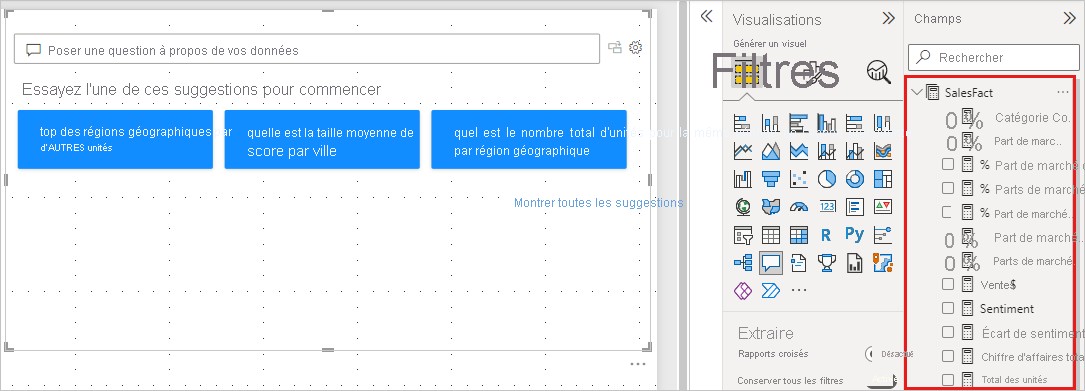 Screenshot that shows the report canvas with all suggestions visible and some of the Data pane fields expanded.