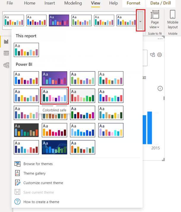 Screenshot that shows how to select the Themes drop-down menu in Power BI Desktop.