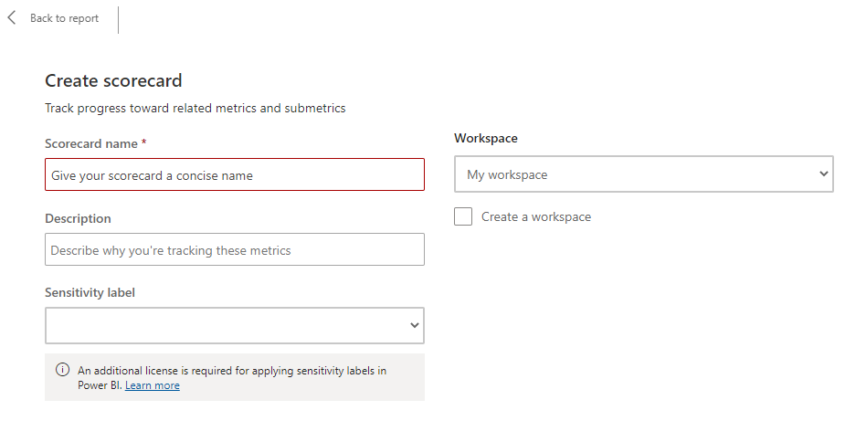 Screenshot showing create scorecard experience.