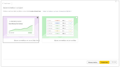 Screenshot showing options for the Metrics visual.