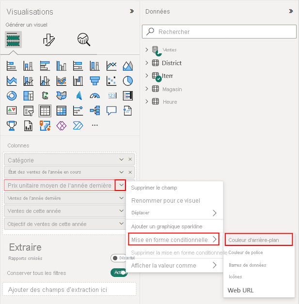 Screenshot that shows how to open the Conditional formatting menu for a selected column in the Visualizations pane.