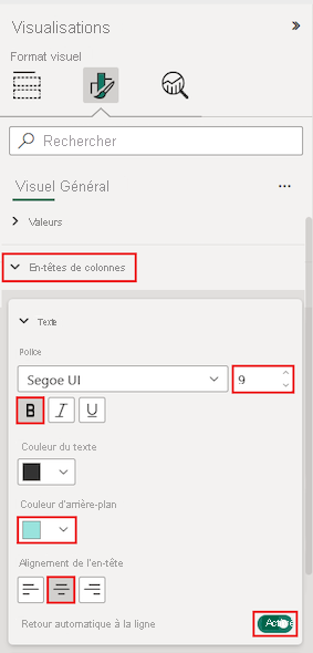 Screenshot that shows table column header options in the Format section of the Visualizations pane.