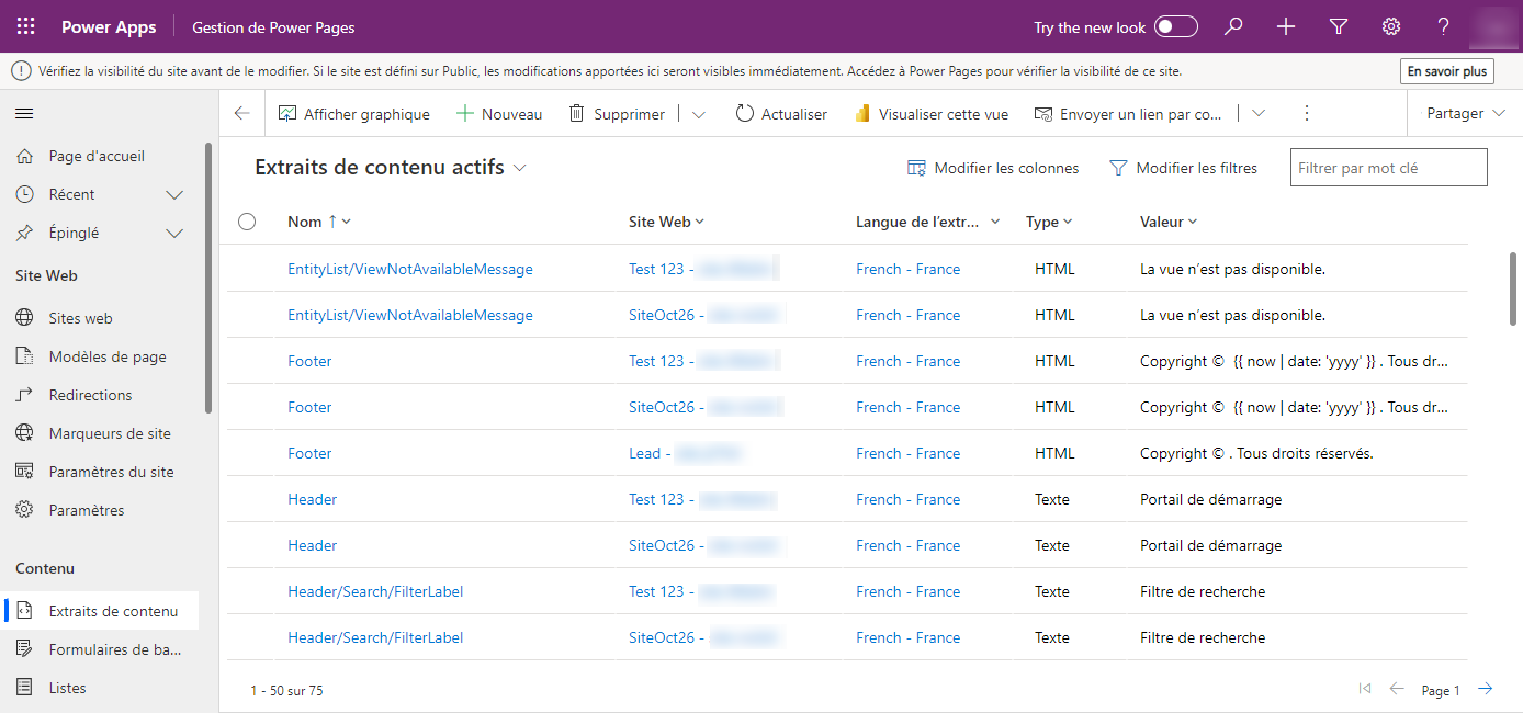 Capture d’écran qui montre un site web en cours de modification dans l’application Gestion de Power Pages.