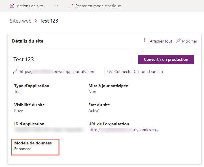 Capture d’écran montrant le champ Modèle de données défini sur Amélioré dans la section Détails du site pour un site.