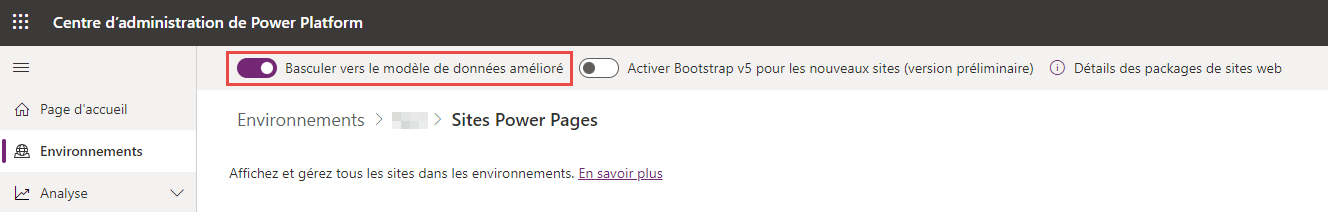 Une capture d’écran du centre d’administration Power Platform avec le bouton Basculer vers le modèle de données amélioré mis en évidence.