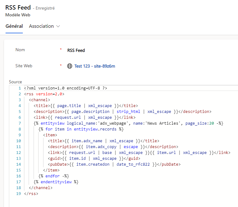 Configurer un modèle Web pour un flux RSS.