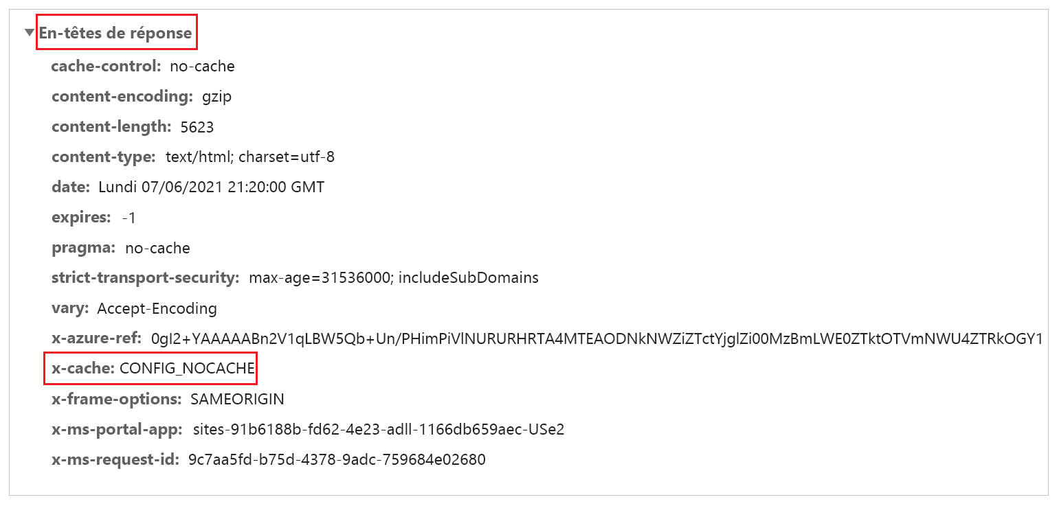 En-tête de réponse appelé x-cache avec la valeur CONFIG_NOCACHE pour une page.