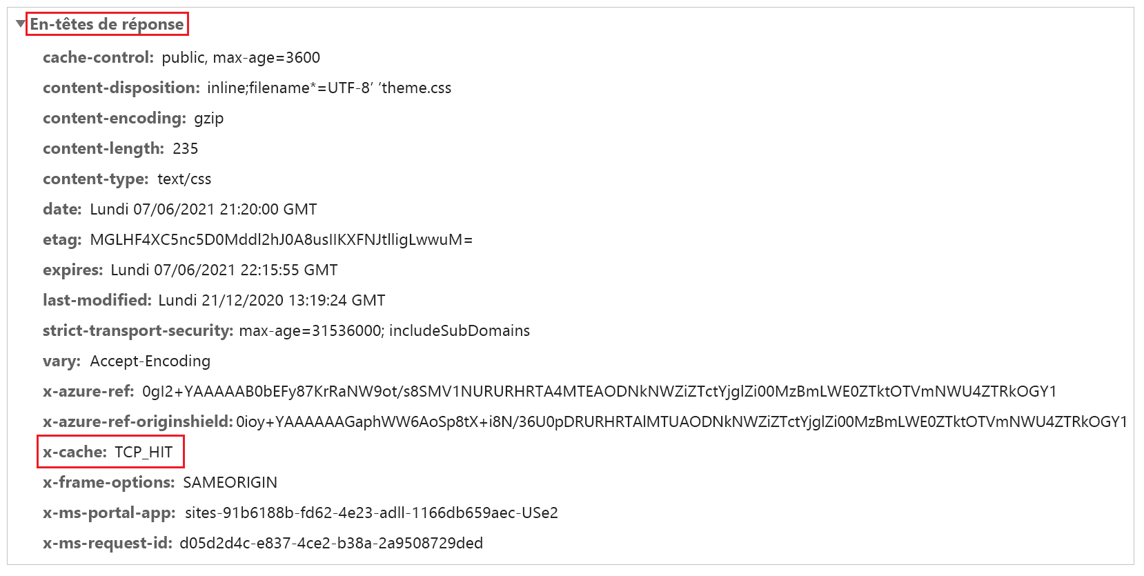 En-tête de réponse appelé x-cache avec valeur d’accès au cache.