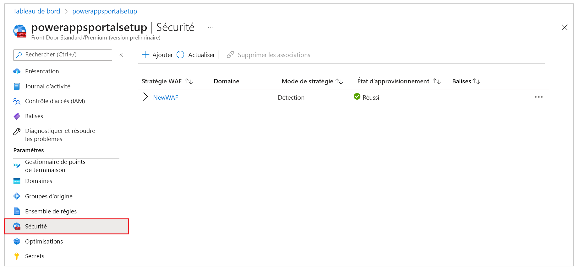 Onglet Sécurité pour la configuration Azure Front Door.