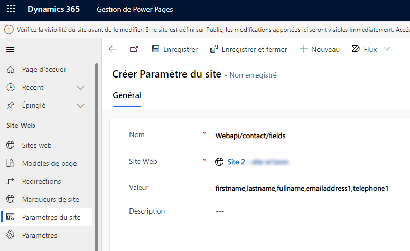 Activer le paramètre de site des champs de la table de contacts de l’API Web. 