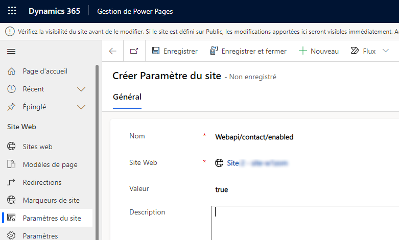 Activer la table de contacts pour le paramètre de site WebAPI. 