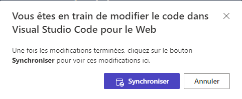 Interface pour permettre à l’utilisateur de sélectionner le bouton Synchroniser pour synchroniser les modifications apportées dans Visual Studio Code au studio de conception.