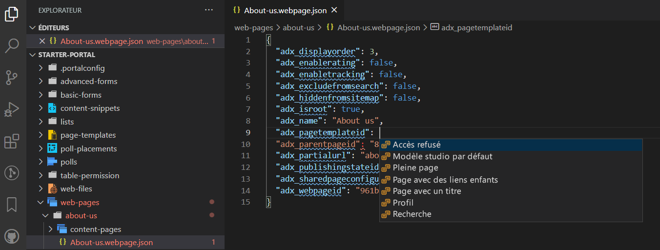 Exemple de saisie semi-automatique pour l’ID du modèle de page.