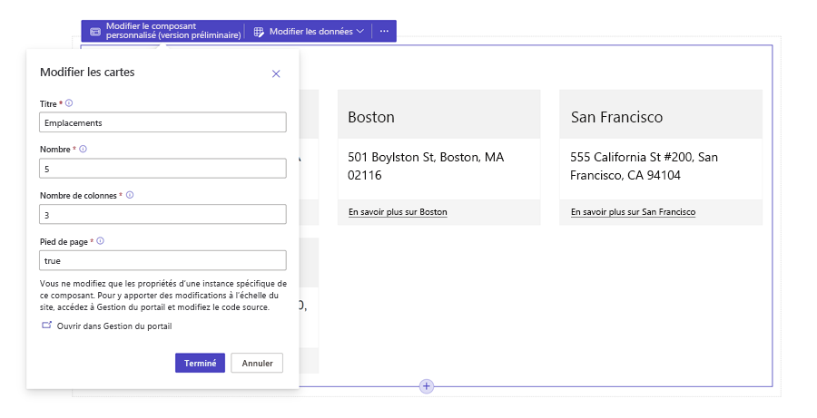 Composant de modèle Web sous forme de carte d’emplacement.