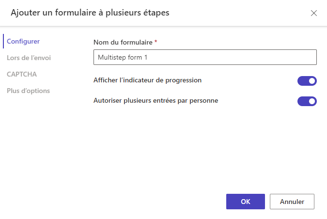 Capture d’écran du menu Configuration pour un formulaire en plusieurs étapes.