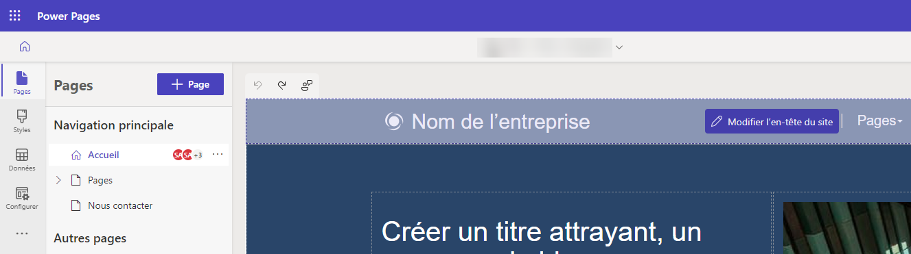 Capture d’écran du bouton Modifier l’en-tête du site, qui apparaît lorsque vous survolez l’en-tête dans l’espace de travail Pages.