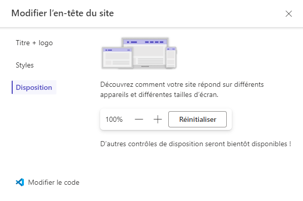 Capture d’écran des options de disposition dans la fenêtre d’édition de l’en-tête.