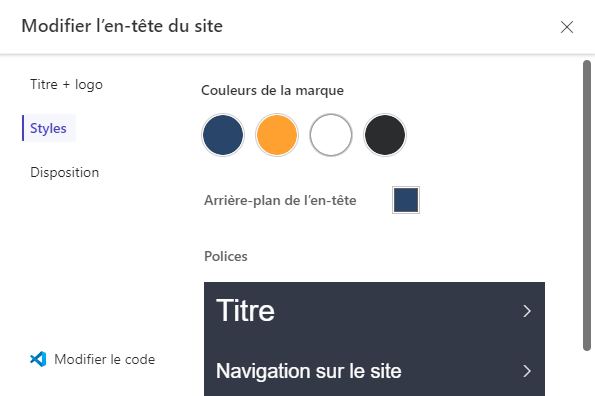 Capture d’écran des options de style dans la fenêtre d’édition de l’en-tête.