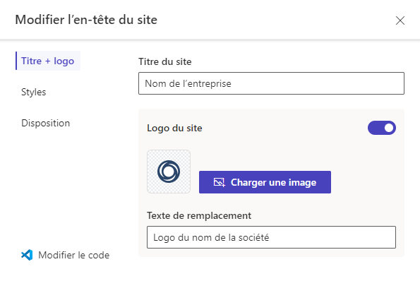 Capture d’écran des options de titre et de logo dans la fenêtre d’édition de l’en-tête.