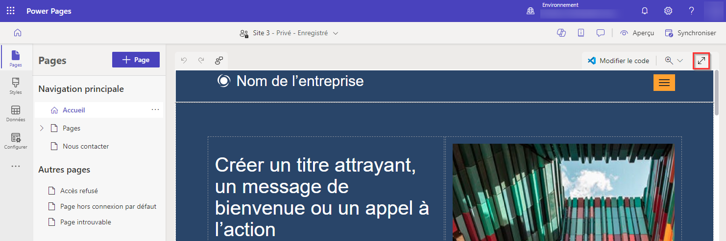 L’interface graphique avec l’icône de pleine page en surbrillance.