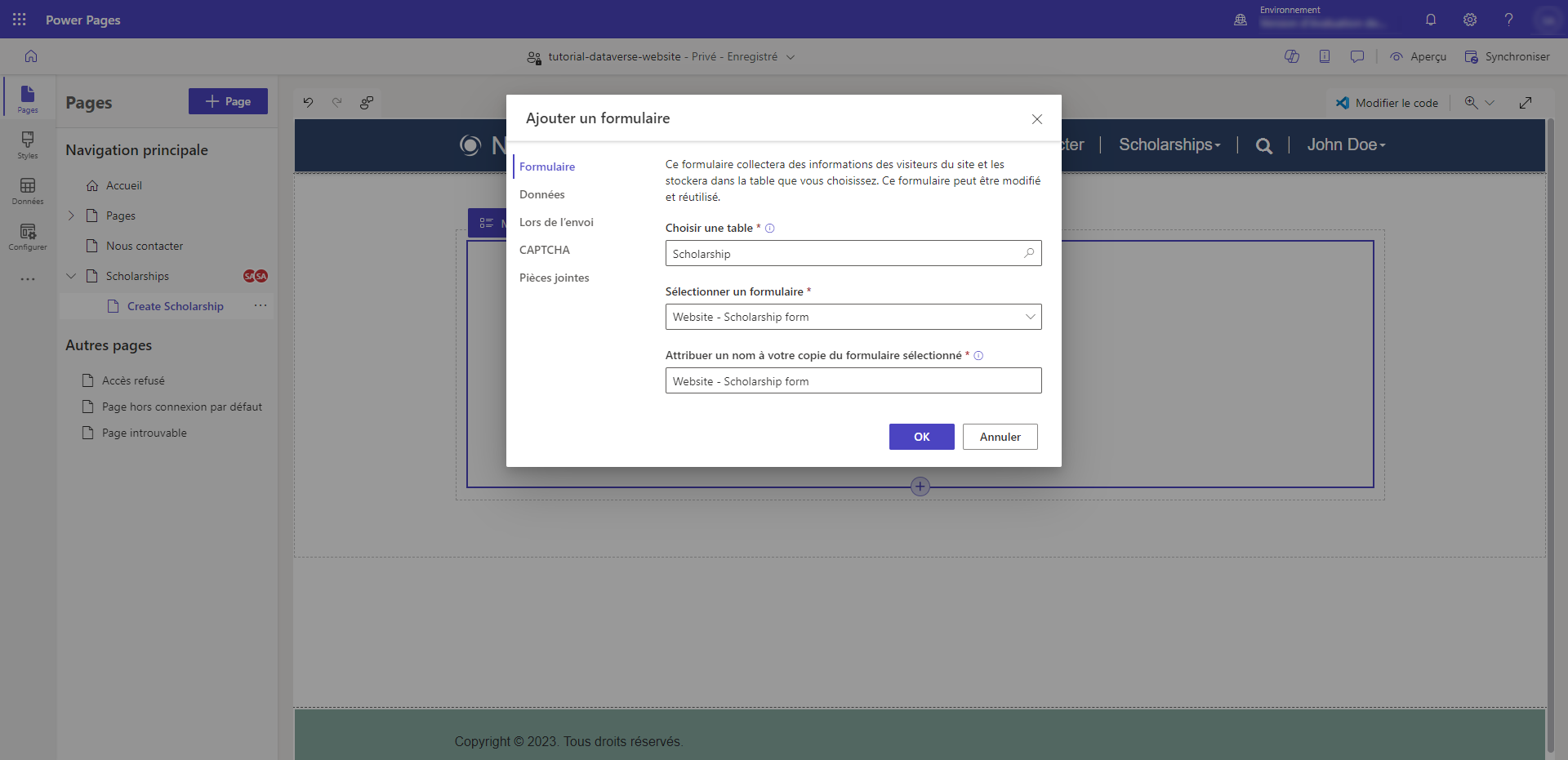 Configurer les propriétés du composant de formulaire.