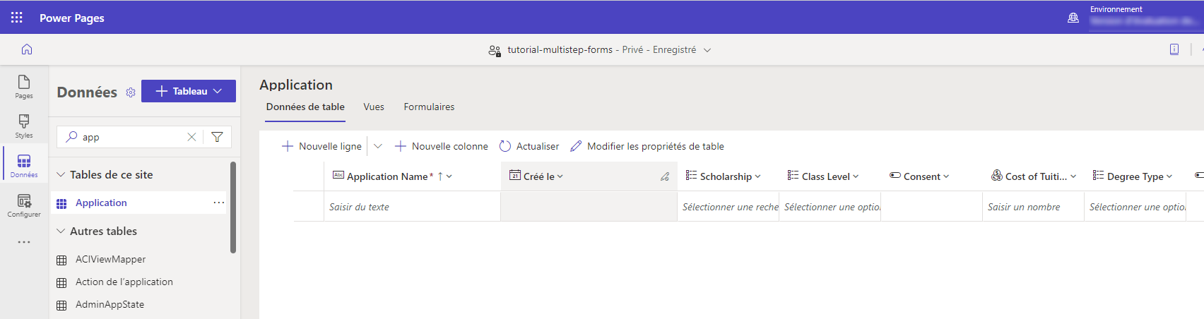 Création d’un tableau à utiliser avec des formulaires à plusieurs étapes dans l’espace de travail Données.