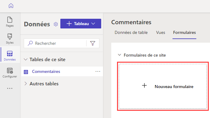 La vignette de menu + Nouveau formulaire à l’intérieur de l’élément de menu des formulaires.