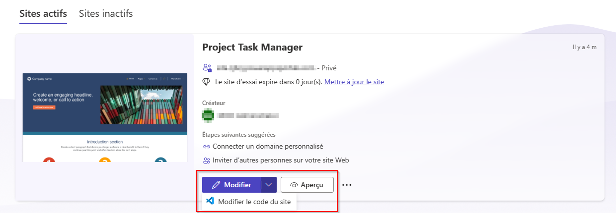 Une capture d’écran de la liste Sites actifs avec le bouton Modifier et les options mis en évidence.