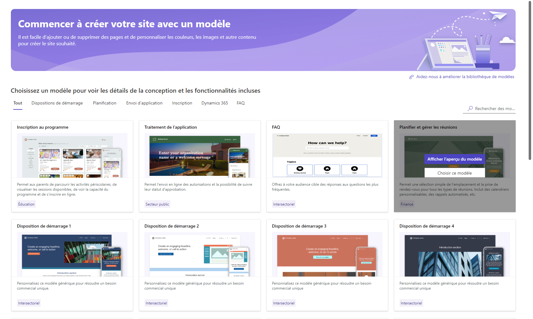 Sélection de modèles lors de la création d’un nouveau site.