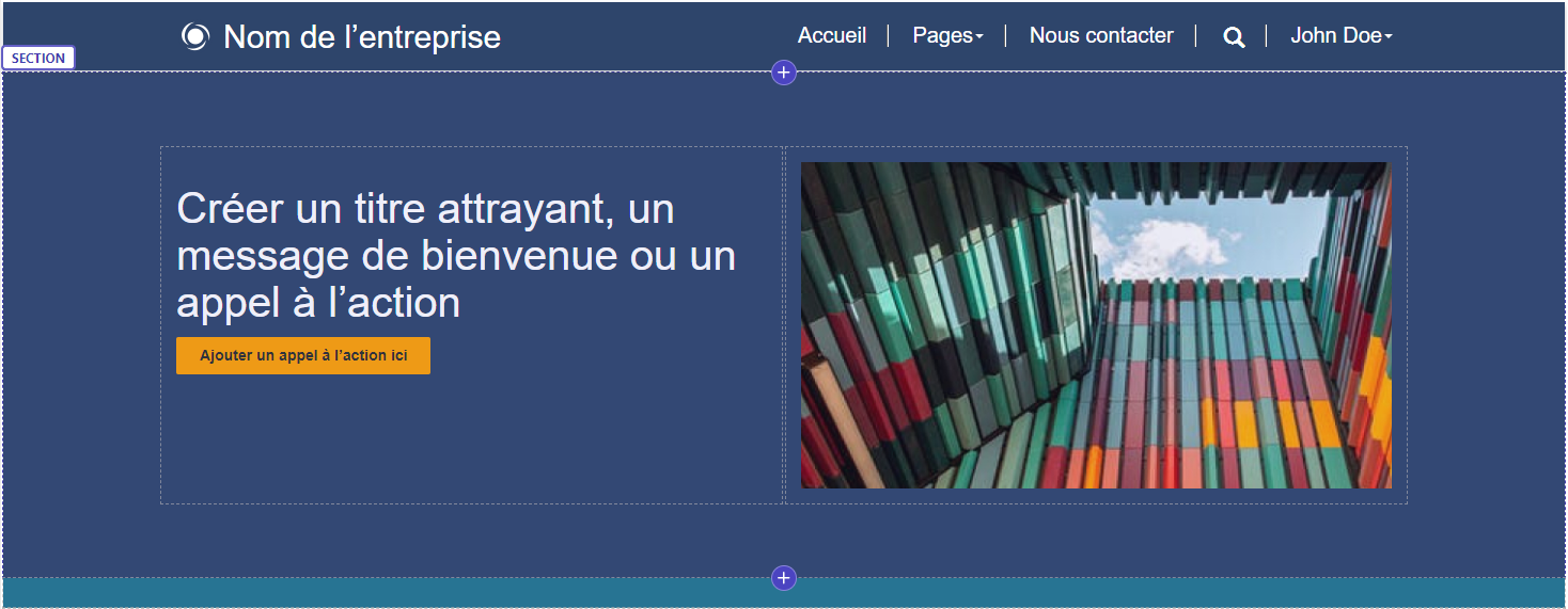 L’une des mises en page de modèles de démarrage disponibles dans Power Pages. Ce modèle de mise en page de démarrage est d’un bleu riche et affiche un en-tête avec du texte blanc. Le corps de la page est en 2 colonnes. La colonne de gauche comprend un texte de démarrage blanc et un bouton orange. La colonne de droite comprend une image de gratte-ciel colorés et un ciel lumineux et nuageux.